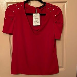 NWT. Zara Red Capped Sleeve Blouse with Rhinestones. Size Small. Key hole back.